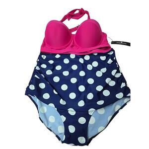 NWT Unique & Classic 2 piece bathing suit 4XL Blue Polka Dots Pink Top